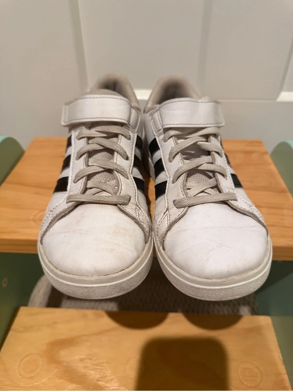 adidas White Sneakers with Black Stripes - Velcro & Lace